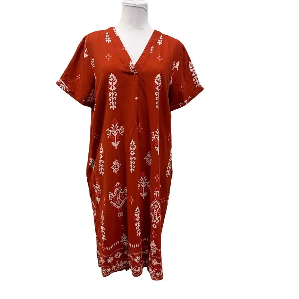 St. John's Bay Linen Blend Midi Dress Rust Orange Boho Pockets Small Vacation